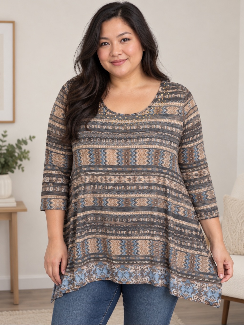 Ruby Rd. Patterned Scoop Neck Top in Brown and Blue